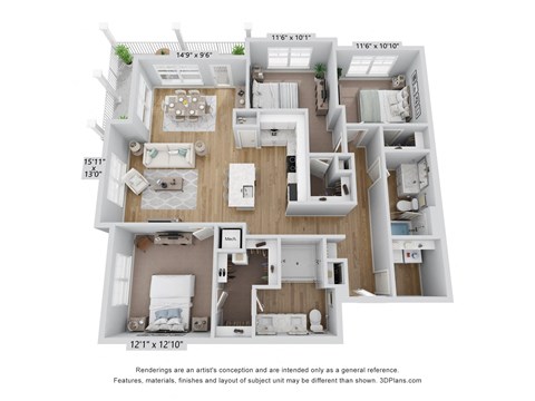 Floor plan for 3 beds, 2 baths, 1484 sqft